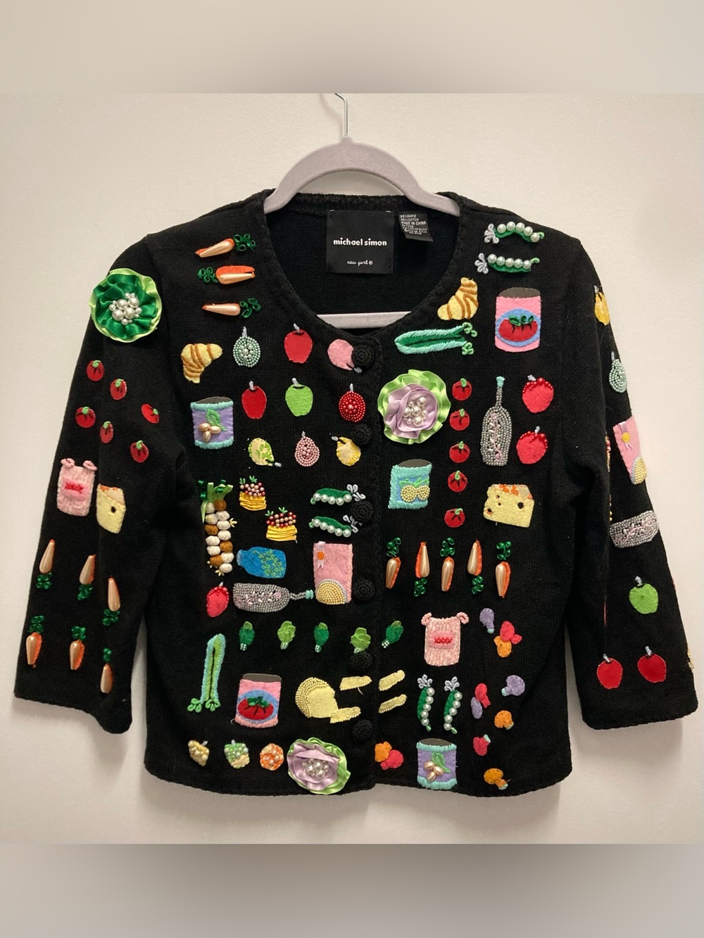 VTG Rare Michael Simon Women’s Embellished Cardigan with Multi-Color Food Motifs